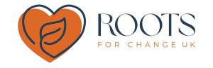 a orange heart with a leaf growing in the centre - Roots for change logo