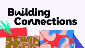'Building connections' a logo with a green pen scribble over a red square, patterned squares