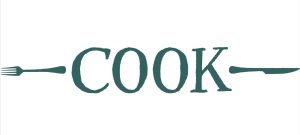 A knife and fork with the word in between COOK
