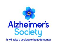 Blue Forget-Me-Not flower with Alzheimer's Society written underneath and 'It will take a society to beat dementia' strapline.