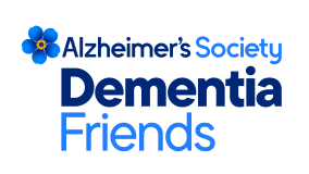 Alzheimers Society Dementia Friends with picture of small blue Forget me Not flower